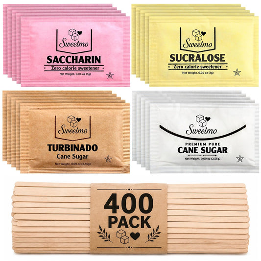 Sweetmo Sugar Packets Variety Pack - Sucralose, Raw Sugar, Saccharin, Cane Sugar with Wooden Stirrers - 400 Count for Coffee, Tea, Office Breakrooms, Home &amp; Airbnb