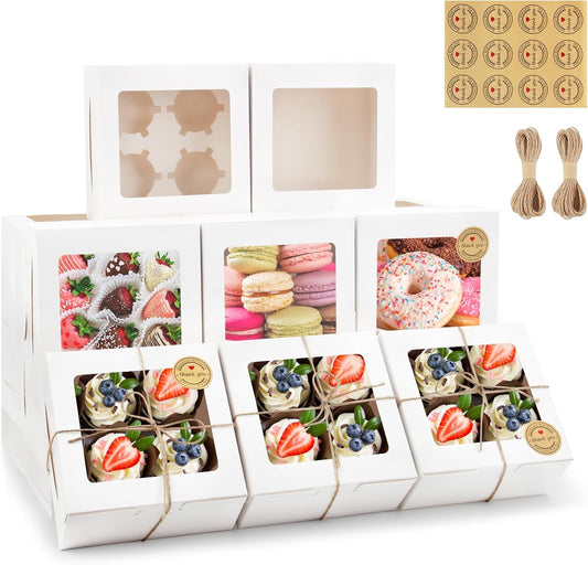 OAMCEG 50 PCS White Cupcake Boxes with Window and Insert, 6x6x3 Inch Kraft Treat Boxes with 4 Cavity for Cookies, Pastries,