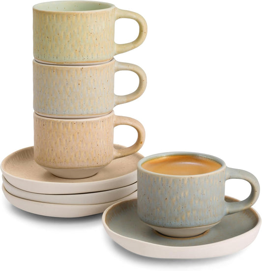 KooK Espresso Mug and Saucer Set, Ceramic Cups and Plates with Rustic Organic Shape and Feathered Texture, Dishwasher and