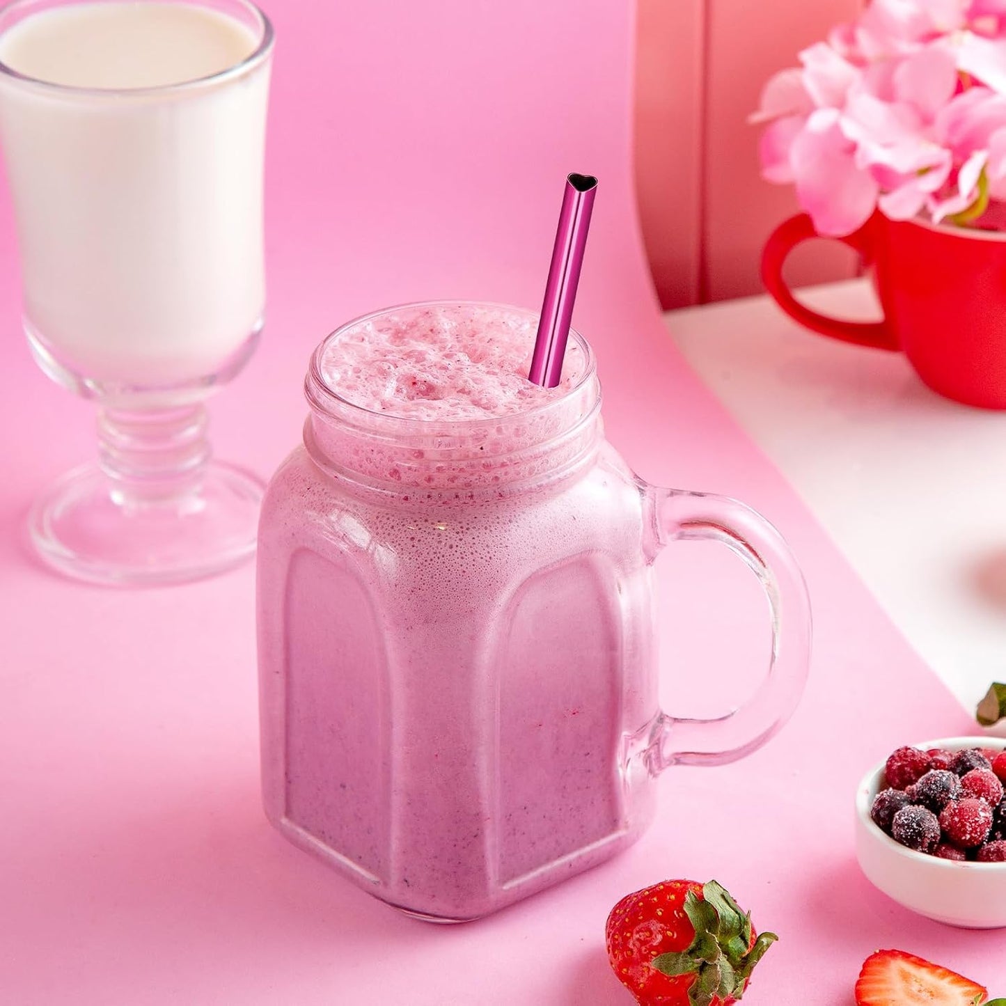 NiHome 8.5” Heart-Shaped Stainless Steel Straws Fit for Smoothie, Cocktails | 16-Pack Metal Straws with 2 Brushes for Holiday, Valentine’s Day, Reusable Drinking for Smoothie Milkshake (Pearl Hot Pink)