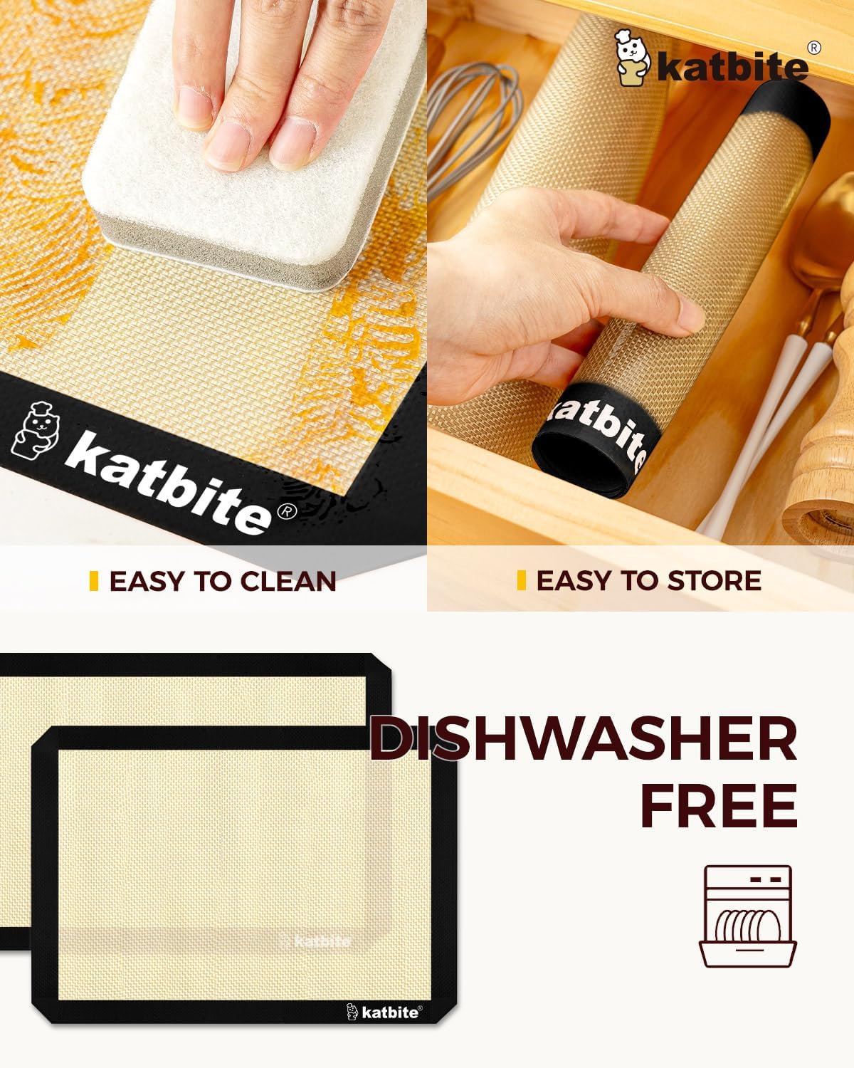 Katbite Silicone Baking Mat Set of 3 Black | 2 Half Sheets Mats + 1 Quarter Baking Sheet, Reusable &amp; Nonstick Bakeware Mats for Cookies, Macarons, Bread
