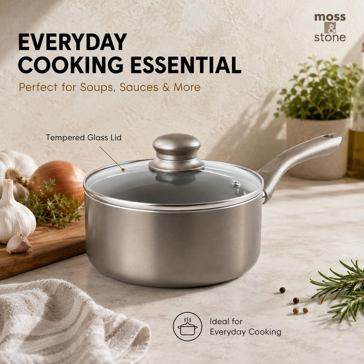 Moss & Stone 6 Pcs Dark Grey Nonstick Cookware Set, Pots And Pans Set Non stick With Glass Lid, Induction Cookware, Stay-Cool Handle PTFE/PFOA Kitchen Pots 6-Piece with Frying Pans & Saucepan