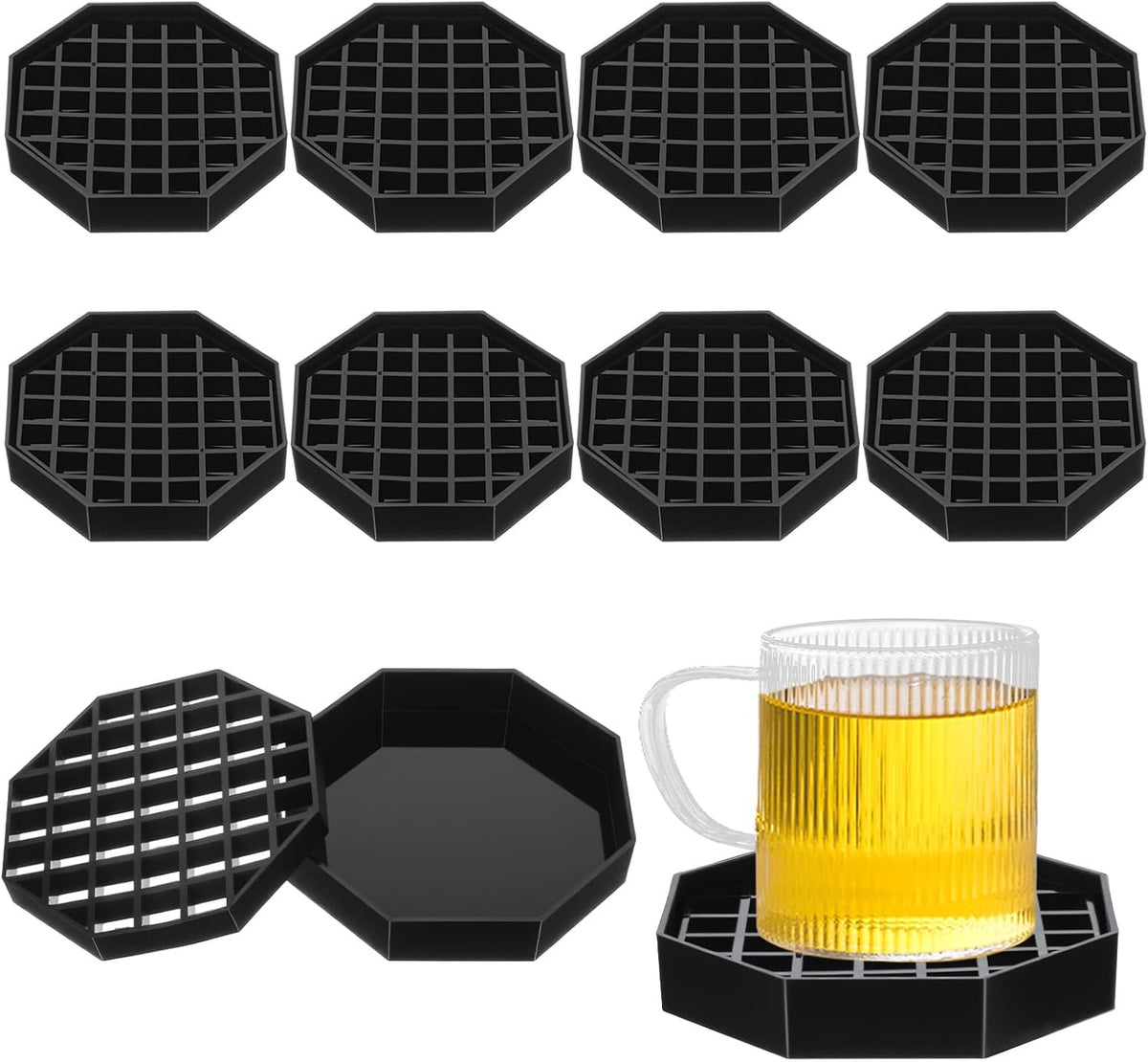 8 Pcs Octagon Drip Tray with Honeycomb Grid, 4 Inch Black Plastic Drip Trays for Coffee Countertop, Drink Dispenser, Tea, Wine Beverage
