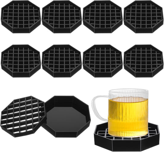 8 Pcs Octagon Drip Tray with Honeycomb Grid, 4 Inch Black Plastic Drip Trays for Coffee Countertop, Drink Dispenser, Tea, Wine Beverage