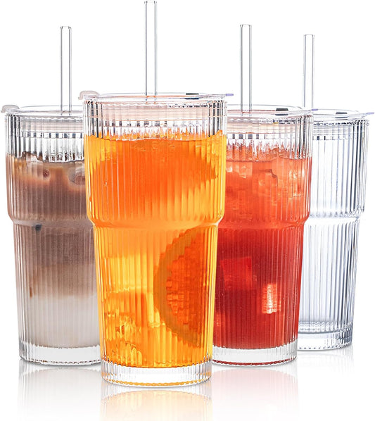 INSETLAN 20 oz Ribbed Glass Tumblers with Lids and Glass Straws – 4-Piece Glassware Set, Thickened Glass, Ideal for Iced