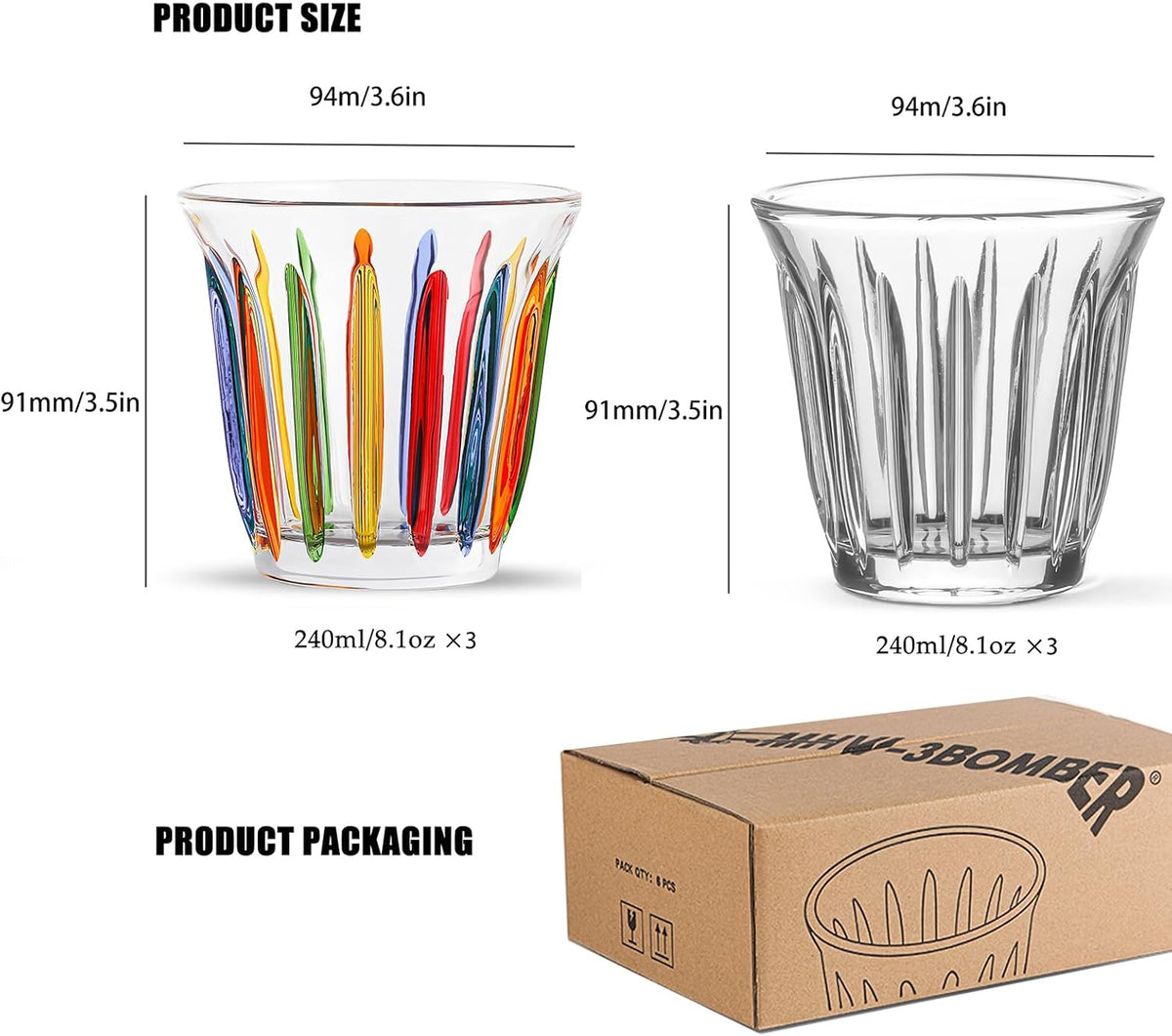 MHW-3BOMBER Espresso Coffee Glasses Set of 6 Drinking Glasses 8.1OZ Latte Glasses for Beverage, Water, Whiskey, Juice, Cocktail, Beer G6195-OS