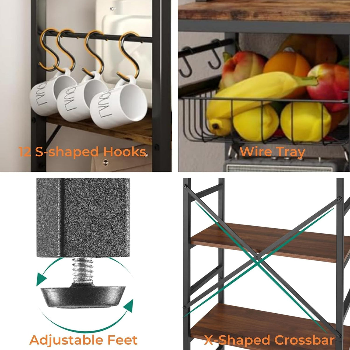 Cheersstar Bakers Rack with Power Outlet -, Standing Kitchen Baker’s Rack, 6-Tier Microwave Stand, Coffee Bar with 12 S-Shaped Hooks, Kitchen Shelf with Storage, Coffee Bar Station, for Rustic Brown