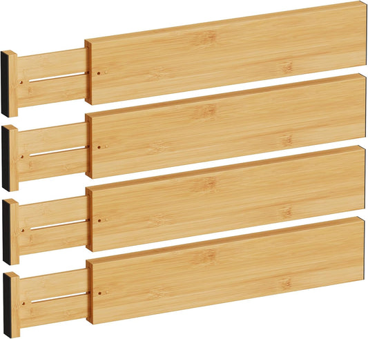 BAMEOS Bamboo Expandable Drawer Dividers – Fits 16.65"–22" Drawers, 4" Extra Deep Walls, Set of 4 | Maximum-Height Spring-Loaded Organizer for Deep Kitchen, Bathroom &amp; Dresser Drawers