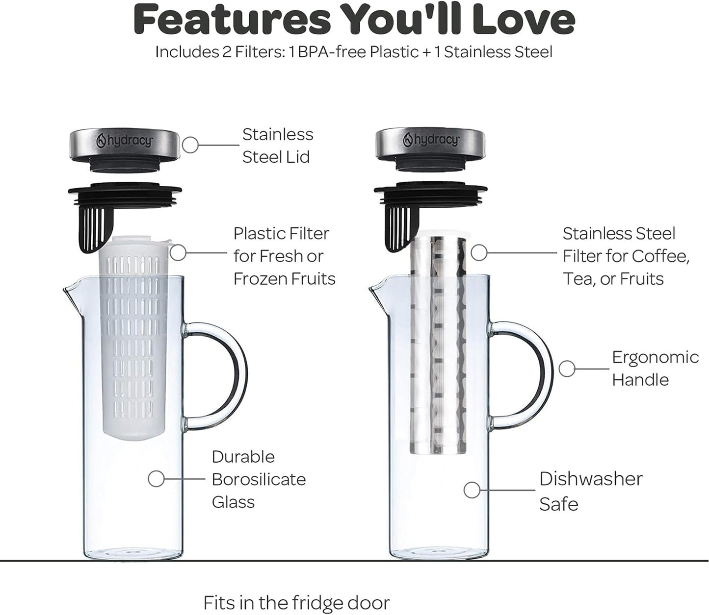 Hydracy Cold Brew Coffee Pitcher,Borosilicate Glass Iced Tea Maker 52oz | BPA-Free,Fruit Infusion Tube,Stainless Steel Lid,Thermal Resistant,Dishwasher Safe,Fits Fridge Door for Home &amp; Office