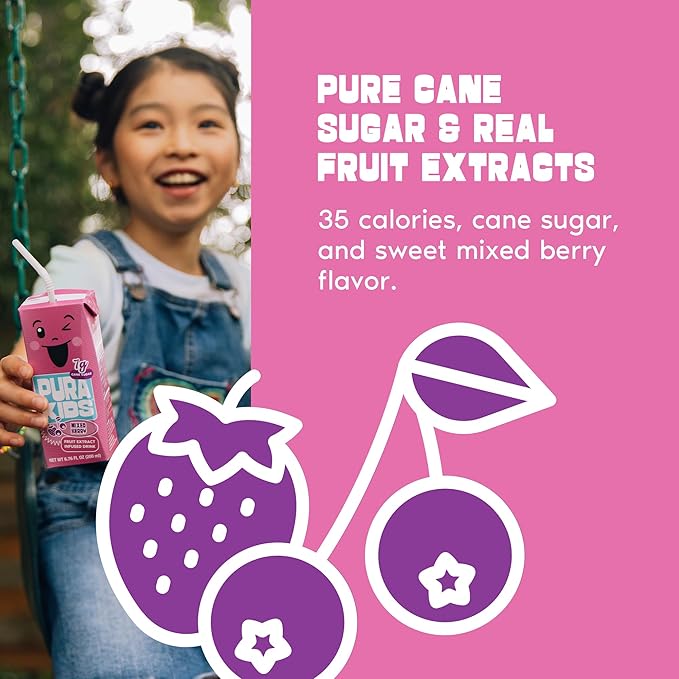 PURA Kids Box | Mixed Berry Fruit Extract Infused Drink for kids | 7g Of Pure Cane Sugar | Non-GMO | Vegan, No Artificial Sweeteners | Best Lunchbox Beverage with Paper Straw | 6.76 fl oz (200ml), Pack of 24