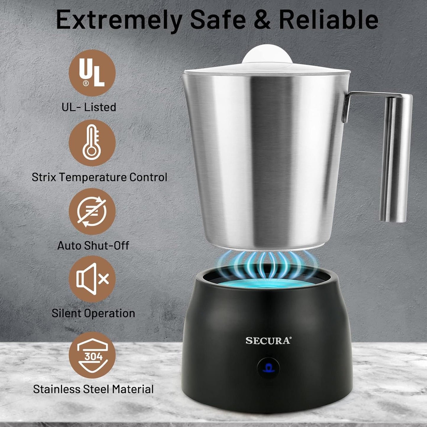 Secura 17oz Detachable Milk Frother and Steamer, Stainless Steel Electric Hot/Cold Foam Maker for Lattes, Cappuccinos & Hot Chocolate, Upgraded 2-in-1 Whisks, Non-Stick & Teflon-Free Design