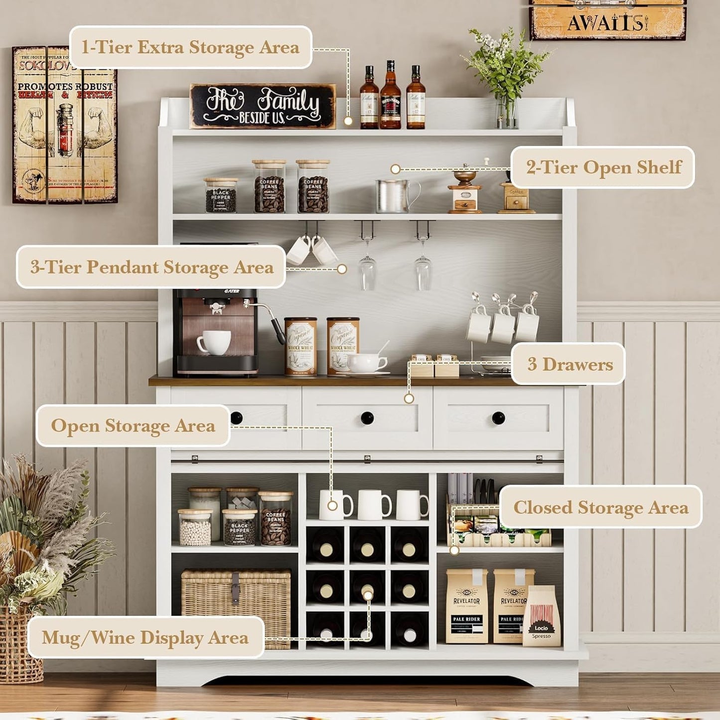 63 Inch Coffee Bar Cabinet with 3-Tier Storage, Kitchen Storage Cabinets with 3 Drawers, Farmhouse Coffee Bar with 9 Racks, 3 Glass Holders, Wine Bar for Living Dining Room, White
