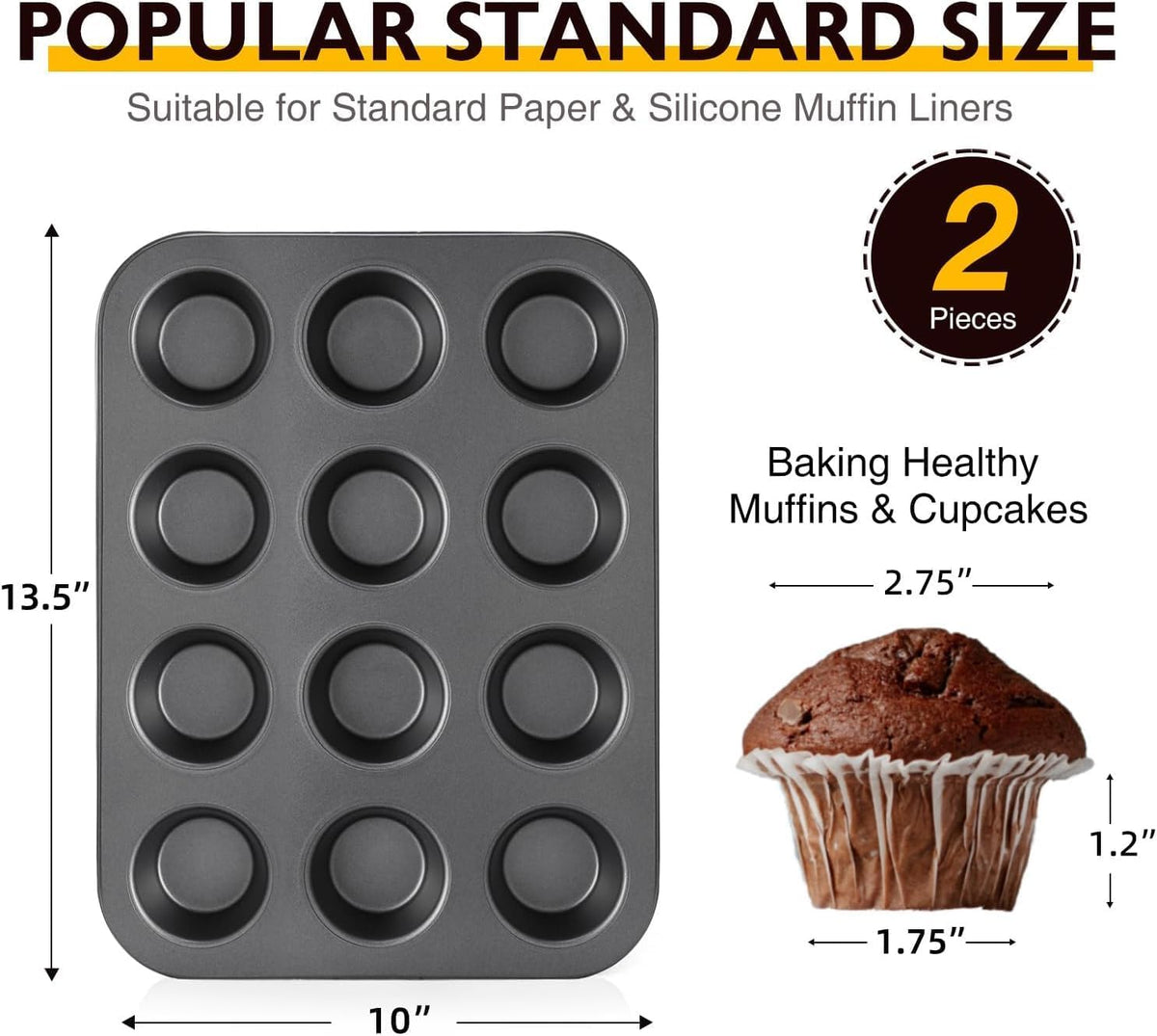 Non-Stick Muffin Pans, Cupcake Pan with Silicone Baking Cups, 2 Pack Non toxic Healthy Muffin tin, Heavy duty-Dark Grey