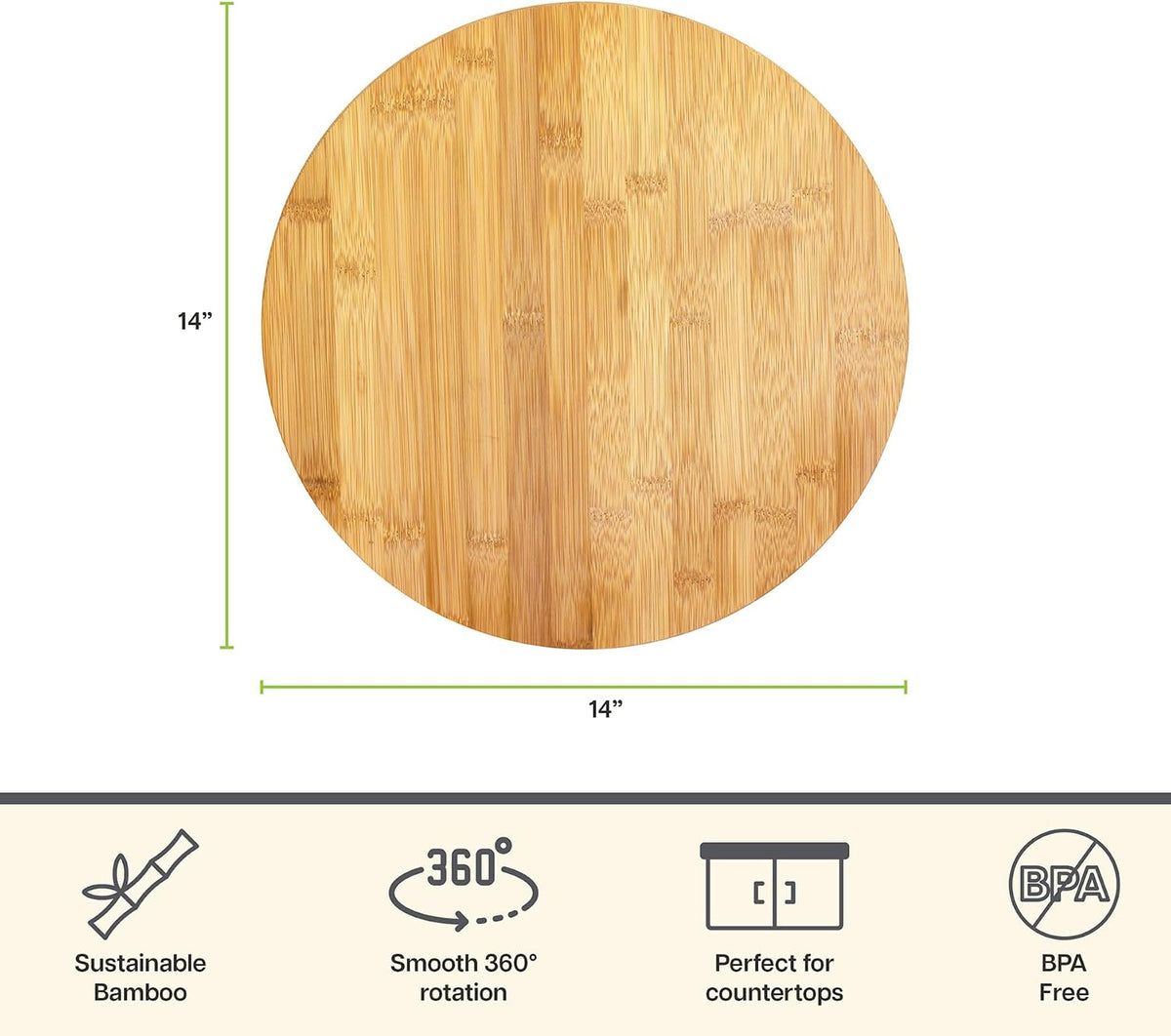 TB Home Lazy Susan Organizer for Cabinet, Pantry or Tabletop – 14" Bamboo Turntable for Kitchen, Counter or Spice Rack Storage
