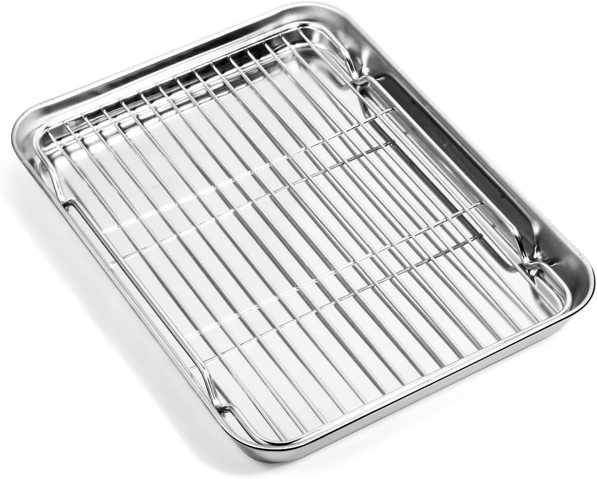 Baking Sheet with Cooling Rack (1 Cookie Sheet + 1 Baking Rack), Stainless Steel Small Baking Sheet Pan with Wire Rack, Toaster Oven Pans Size 10.4 x 8 x 1 Inch, Non-toxic &amp; Heavy Duty &amp; Non-stick