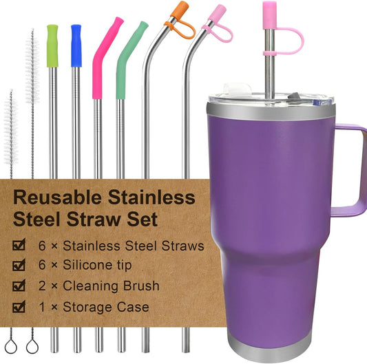 Reusable Stainless Steel Straws Set 6 PCS with 6 Silicone Tips, 2 Straw Brush, 1 Storage Case, Different Sizes of Metal