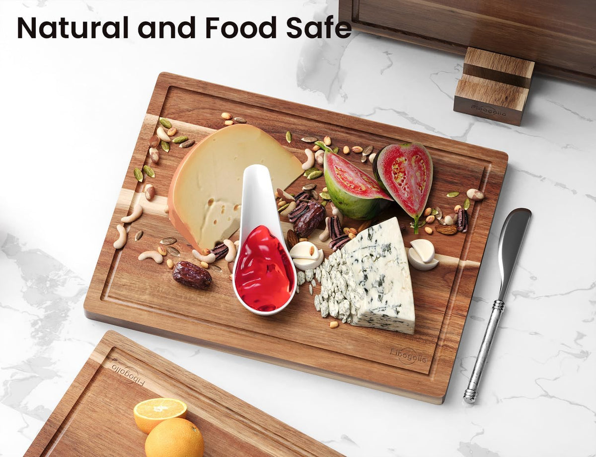 Fibogollo Set of 3 Large Acacia Wood Kitchen Cutting Boards with Holder