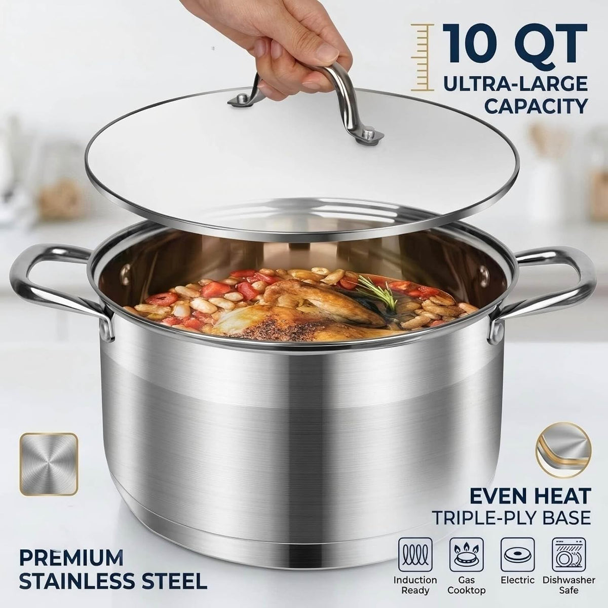 Stainless Steel Stock pot-10 Quart pot-Stockpots with Lid -Soup Pot-Induction Pot-Cookware-Cooking Pot-crock pot