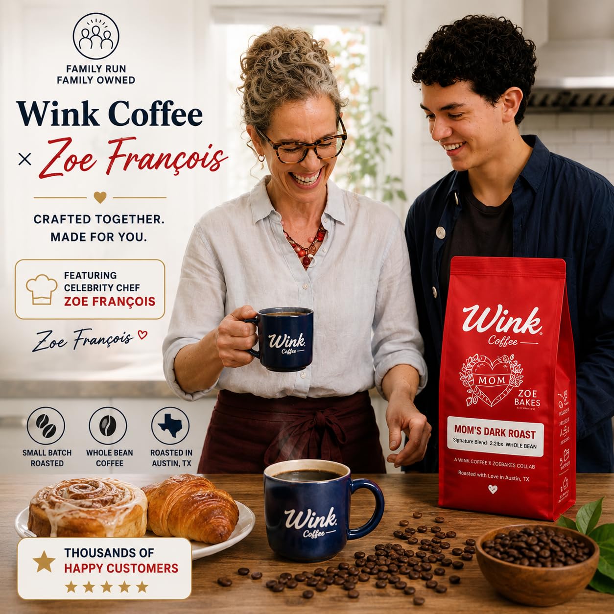 Wink Coffee Super Crema Whole Bean Coffee, 2.2 lb Bag, Medium Roast Espresso Coffee Beans, 100% Arabica, Single Origin, Gourmet, Small-Batch, Smooth &amp; Balanced Flavor, Sustainably Sourced