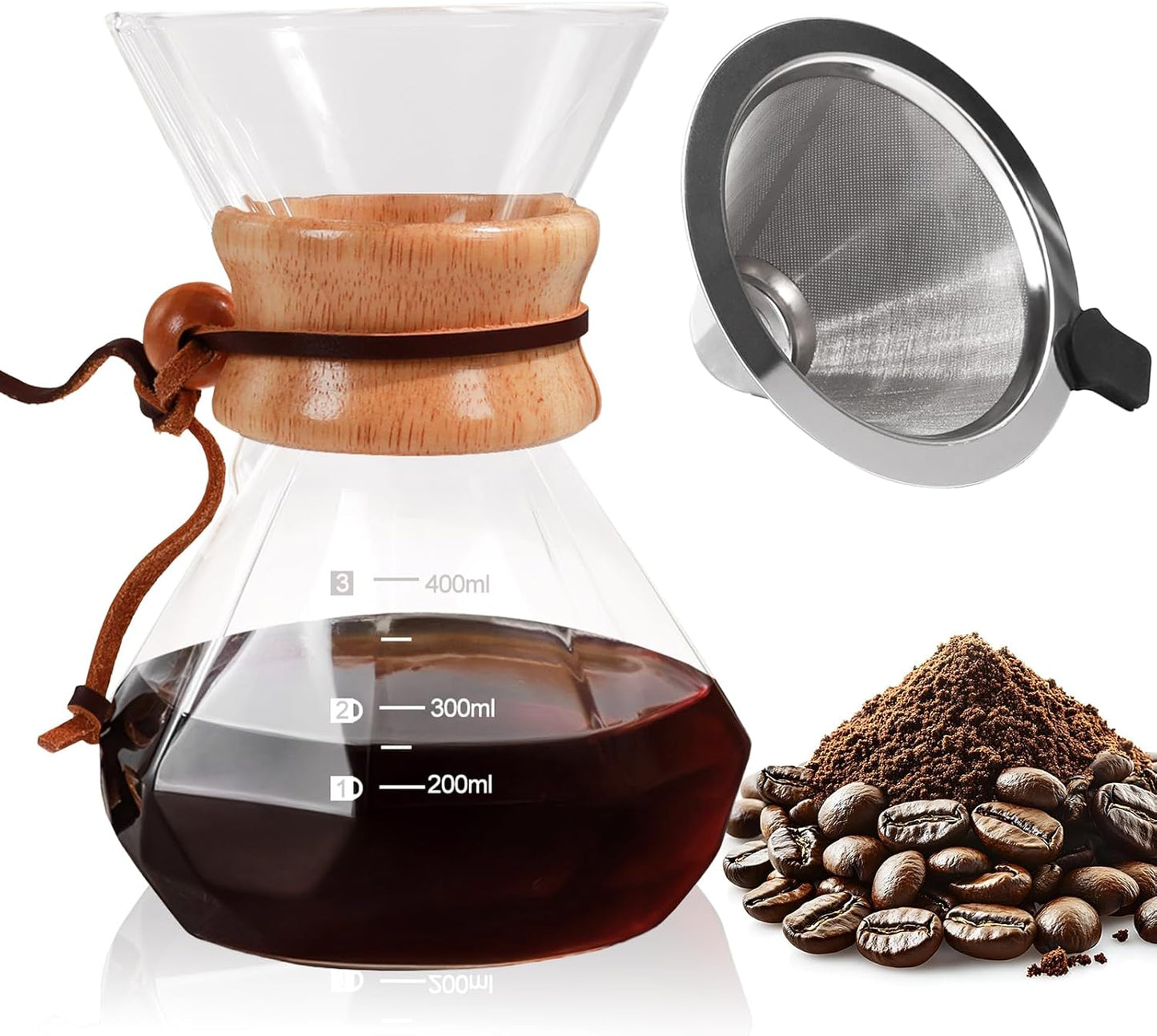 Pour Over Coffee Maker 400ml with 304 Stainless Steel Filter and Wooden Collar Holder Borosilicate G