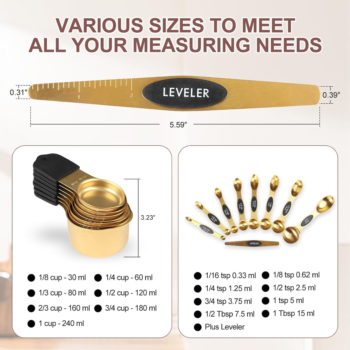 16-Piece Stainless Steel Measuring Cups and Spoons Set, Strong Magnetic Nesting Design 7 Cups 8 Spoons with Leveler, Double Measurement Markings for Dry & Liquid Ingredients, Gold