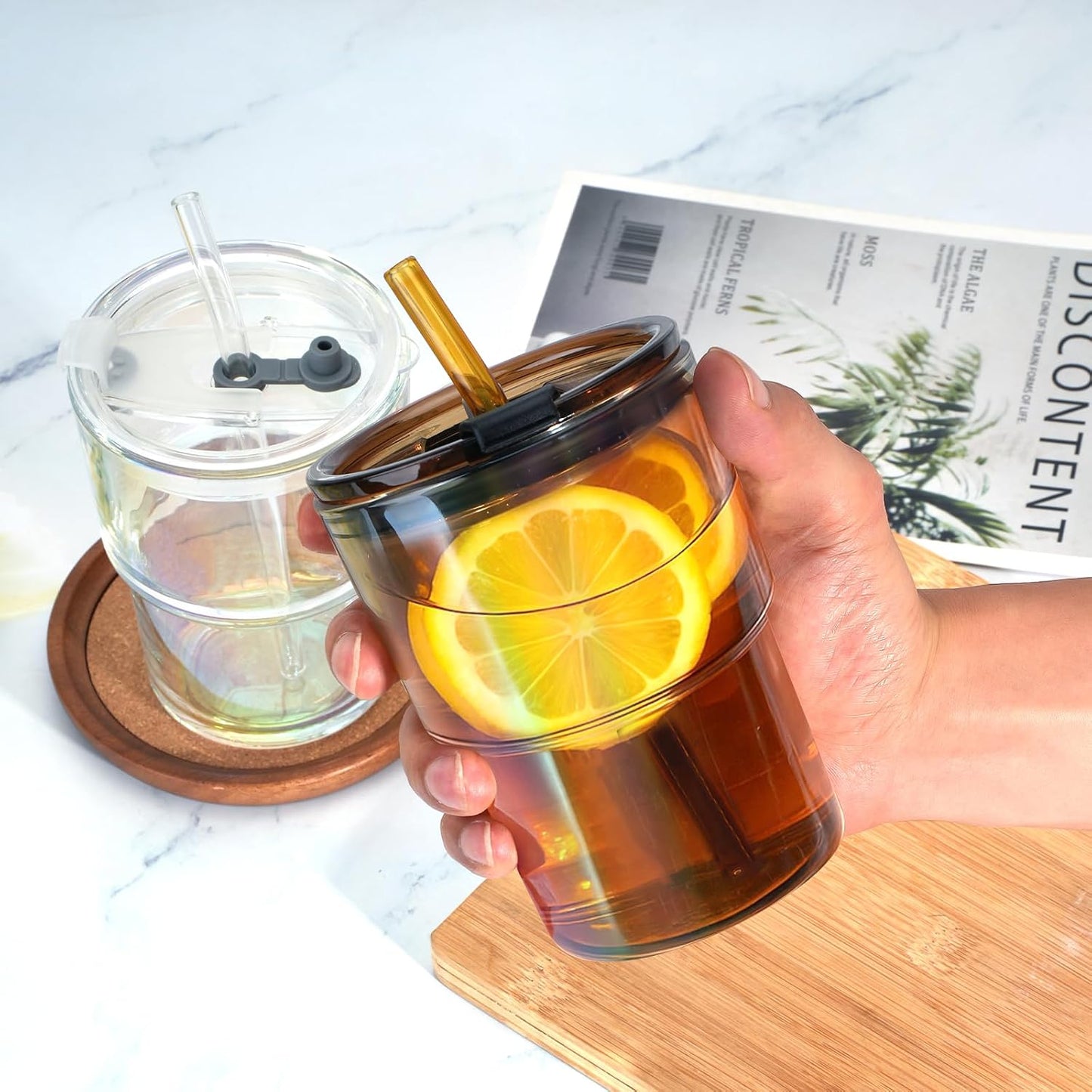 13 oz Glass Tumbler with Glass Straw and Lid