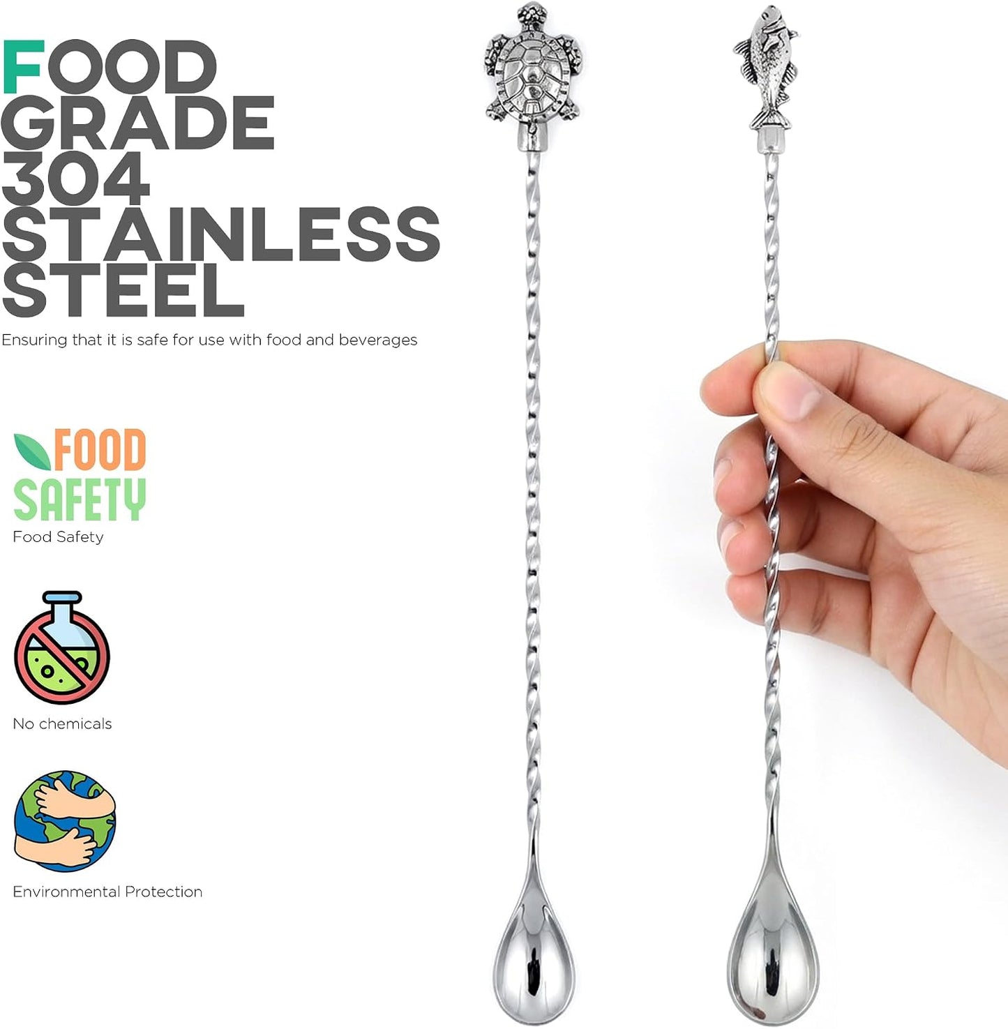 Homestia 12 Inch Bar Spoon, 2 Pcs Cocktail Spoon with Sea Turtle Fish Decor | Dirty Soda Bar Supplies, Stainless Steel Coffee Bar Use, Mixing &amp; Layering Drink Stirrer, Long Spoon for Bartending Stirring