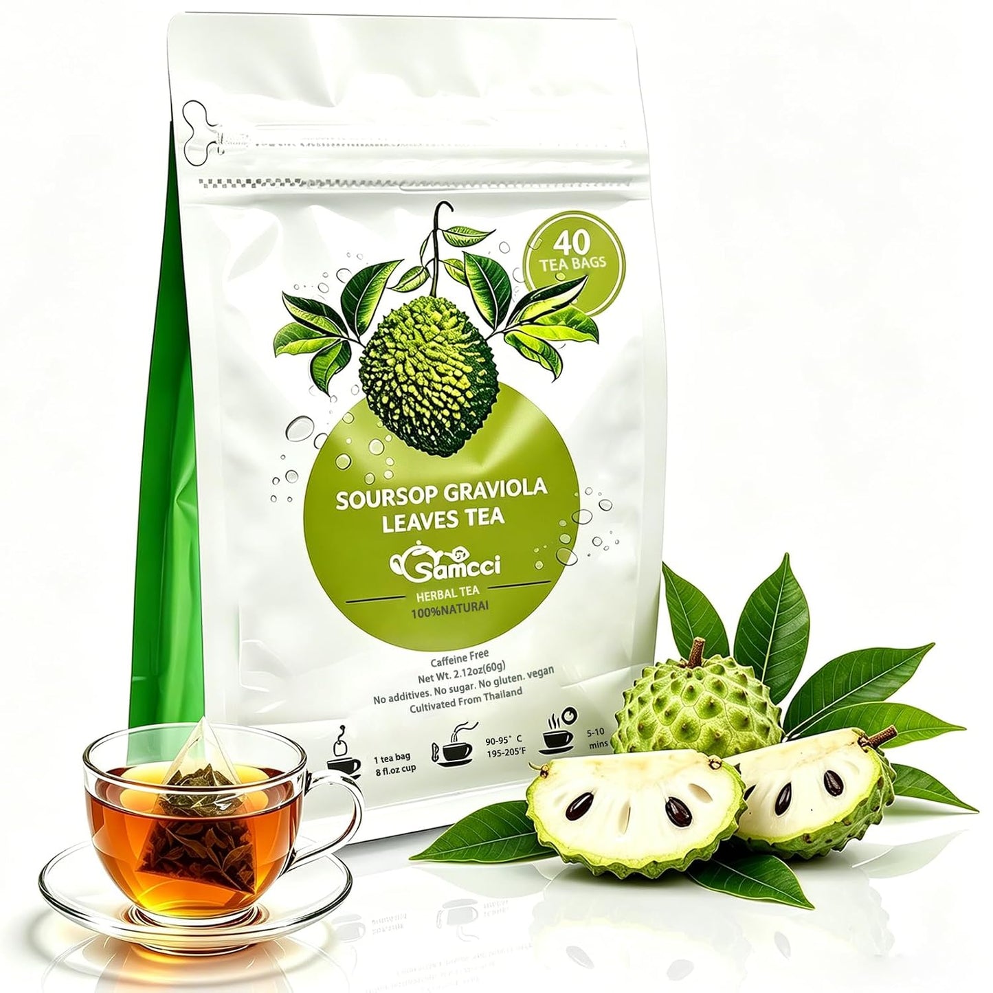 Samcci Soursop Leaves Tea Bags, 40 Counts, Pure &amp; Natural Sour Sop Leaves | Graviola Leaves Tea, Hoja Guanabana Tea, Gentle Digestive Comfort, Supports Skin &amp; Sleep , No Additives, Resealable Pouch