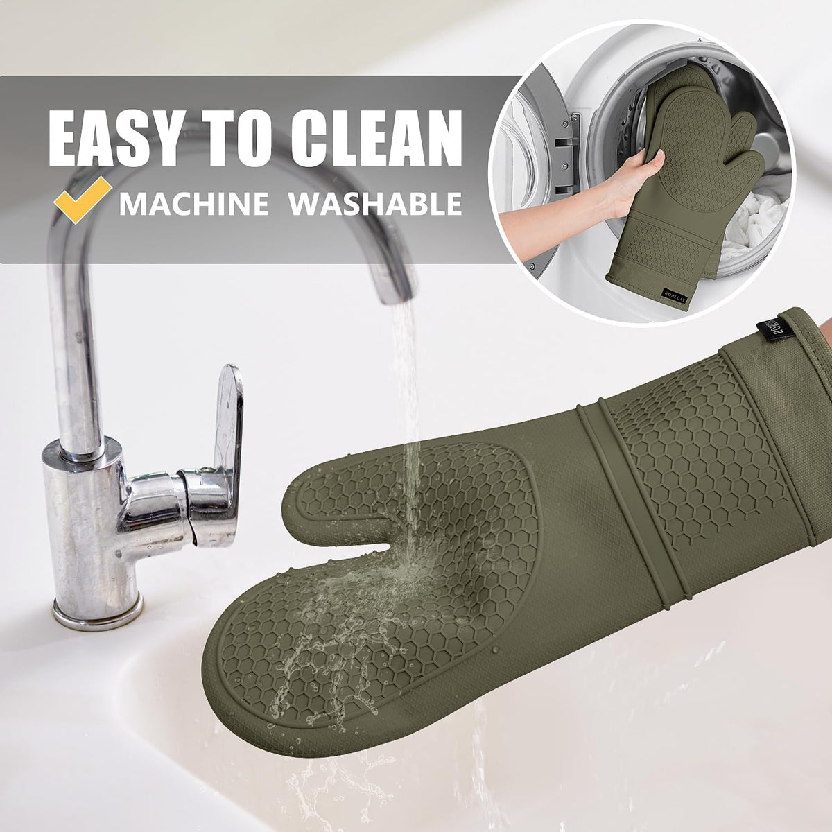 RORECAY Silicone Oven Mitts and Pot Holders Sets, Gloves for Kitchen, Olive | Set of 6 Kitchen Mitts for Baking &amp; Cooking, Heat Resistant 500 ℉, 12.7" Extra Long, Non-Slip &amp; Waterproof, Quilted Cotton