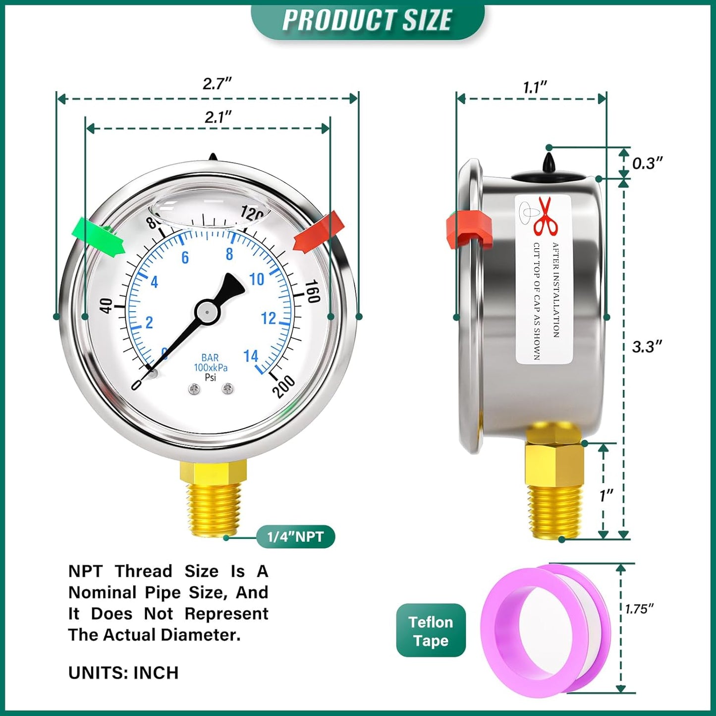 0-200psi Stainless Steel 1/4" NPT 2.5" Dial, Glycerin Liquid Filled Pressure Gauge Lower Mount Designed for Pressure Testing of Water, Oil and Air (with Range Mark Pointer)