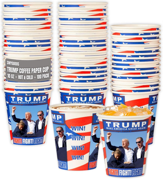Smygoods Trump Design Disposable Paper Coffee Cups (10 OZ, 100 Count) For Hot Beverages, Tea, Espresso, Cocoa - To Go Drink
