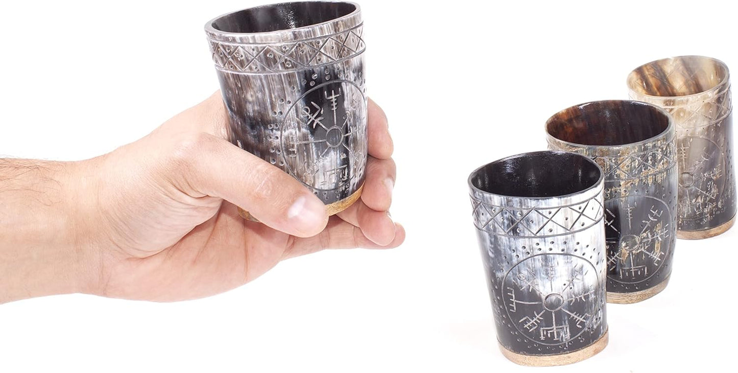 Ox Horn Shot Glass Set of 4 – Handcrafted Viking Cups with Unique Engraved Design – Cool Norse Horn Shot Glasses for Ancient Age Whiskey