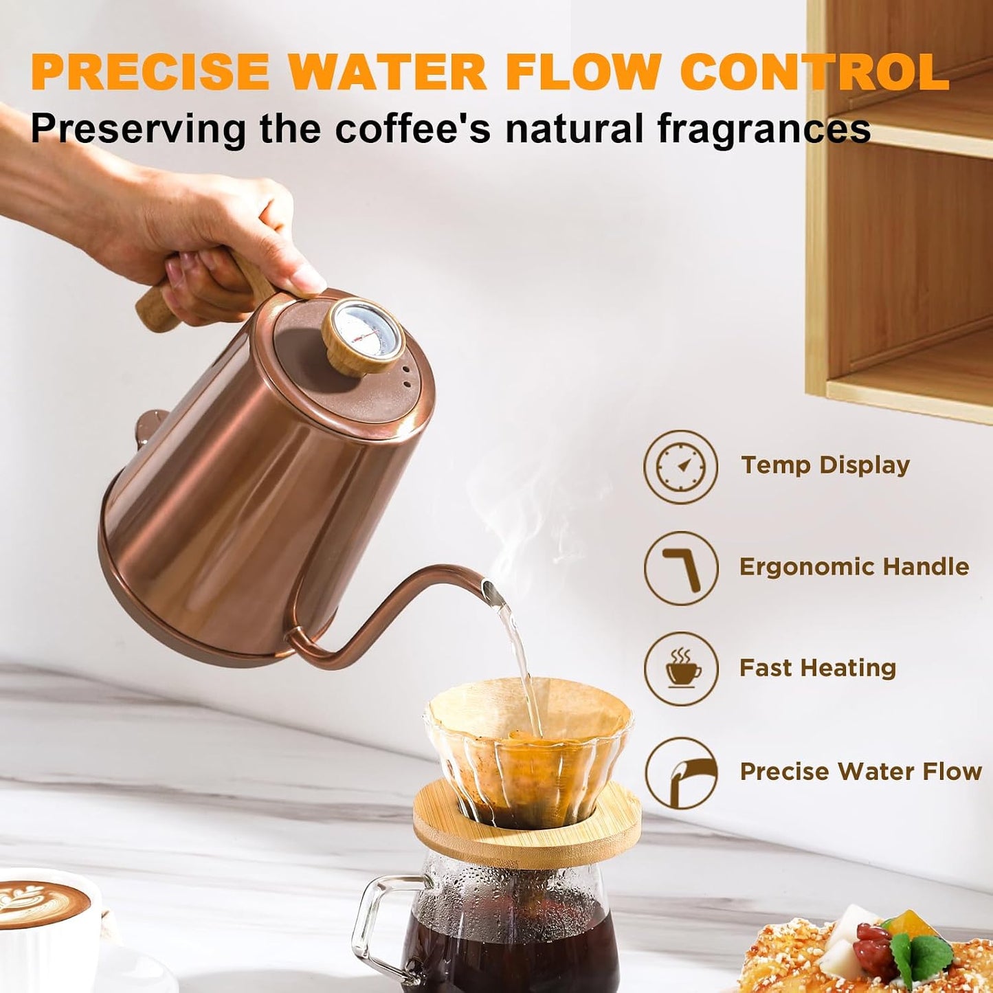 Nueve&amp;Five Electric Gooseneck Kettle with Thermometer, 1.0L Pour Over Hot Water Kettle for Coffee and Tea, 1000W, Auto Shutoff, Boil-Dry Protection,Copper