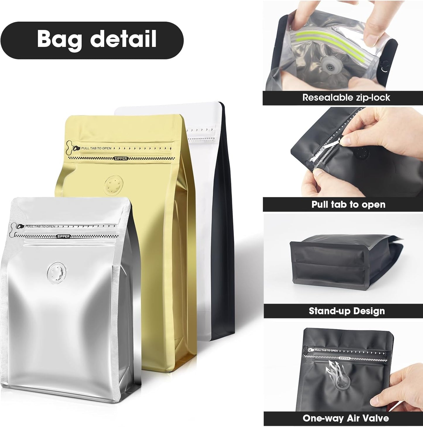 Coffee Bags with Valve(60pcs,8 oz,1/2 lb) Vented Coffee Beans Packaging Bags High Barrier Aluminumed Foil Flat Bottom Heat Sealed Side Zipper Resealable Storage Bag for Home or Business (White+Red）
