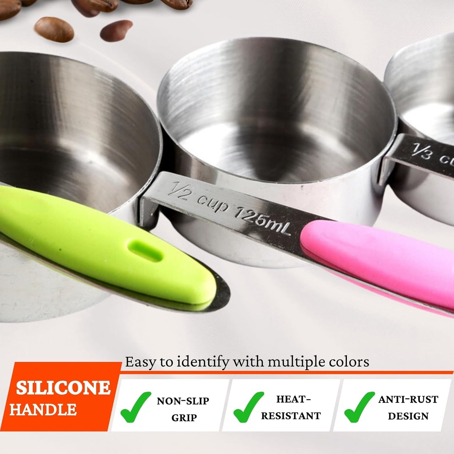 16PCS Stainless Steel Measuring Cups &amp; Spoons Set, Nesting Cups with Silicone Handles, 5 Metal Measuring Cups, 6 Round Spoons and 5 Mini Spoons for Cooking &amp; Baking