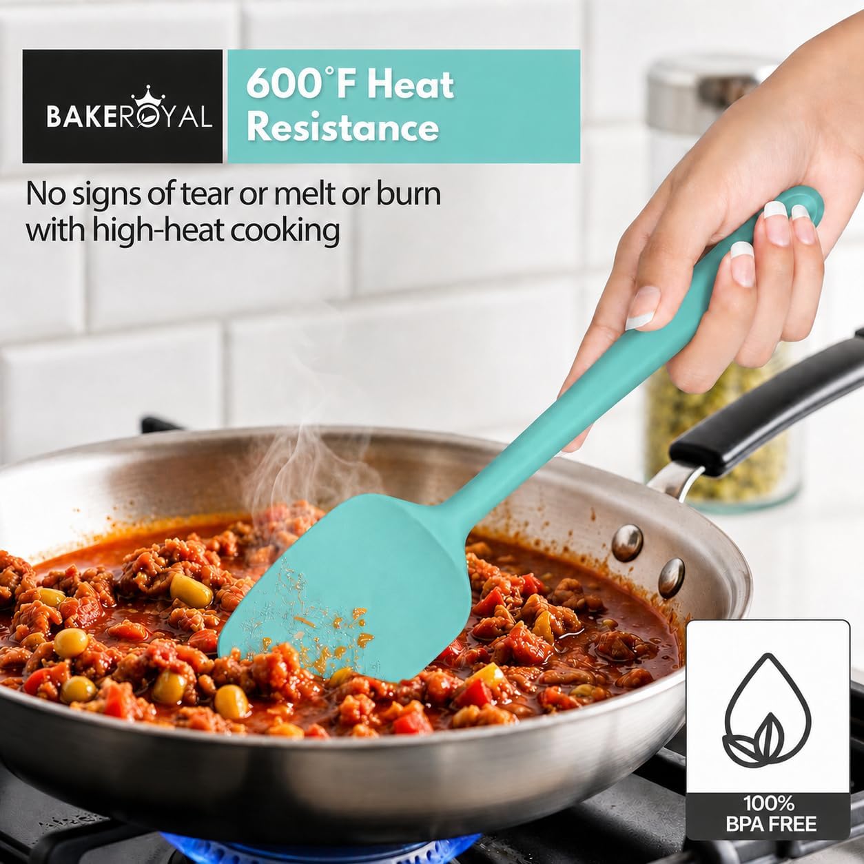 BakeRoyal Silicone Spatula Set, 600°F Heat Resistant, 4 Piece BPA-Free Food Grade Silicone Kitchen Utensils Set for Baking, Cooking &amp; Mixing, Non Stick Silicone Cooking Utensils Set - Aqua