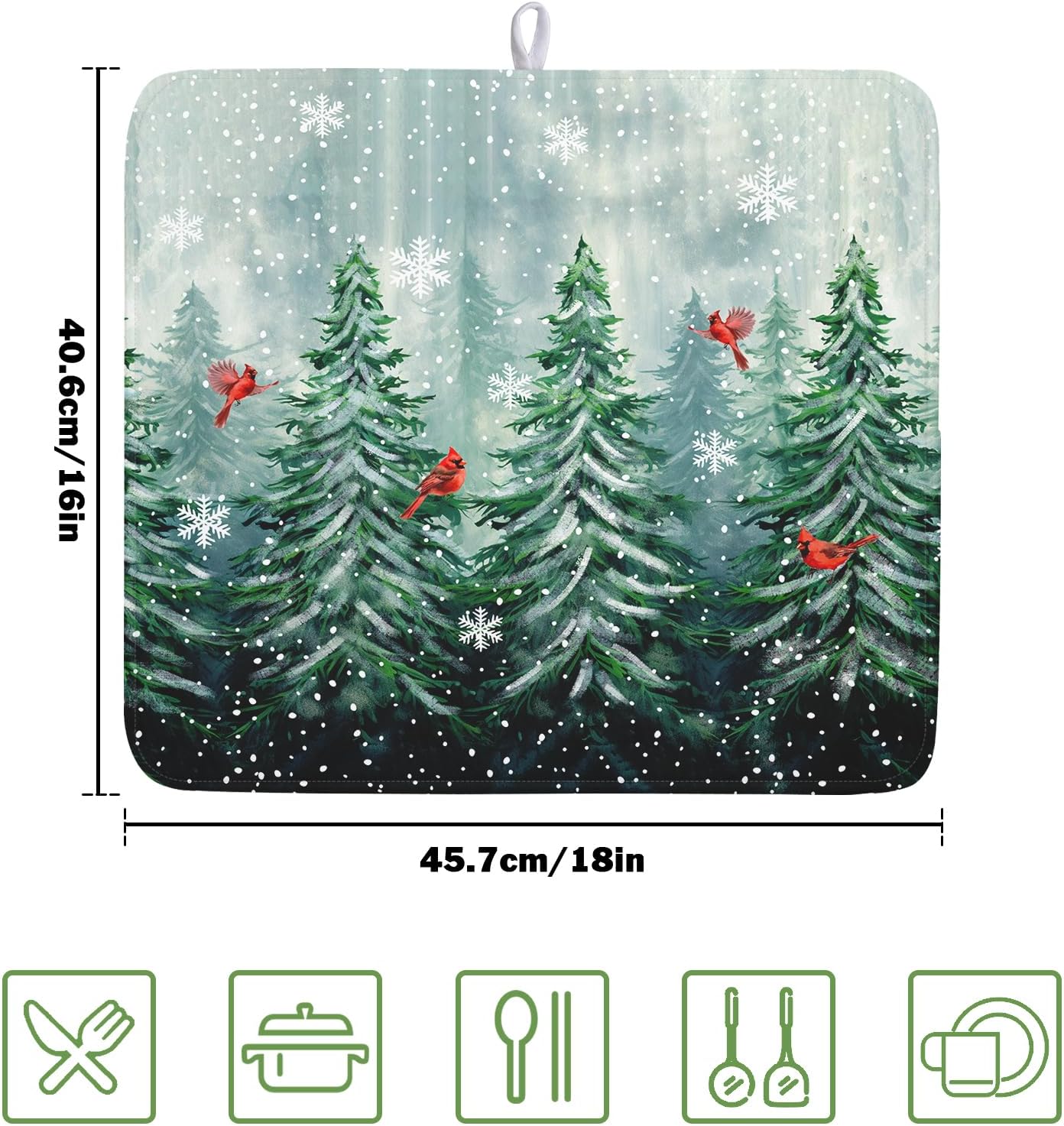 Welcome Winter Pines Tree Dish Drying Mat, Winter Snowflake Dish Drying Mat for Kitchen Counter, Red Birds Absorbent Fast Dry Dish Drainer Mat Protector Xmas Microfiber Dish Drying Pad 16"x18"