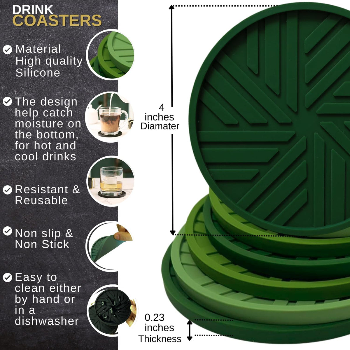 Silicone Coasters Set of 6 with Modern Patterns for Coffee Table Decor - Dark Green Sage