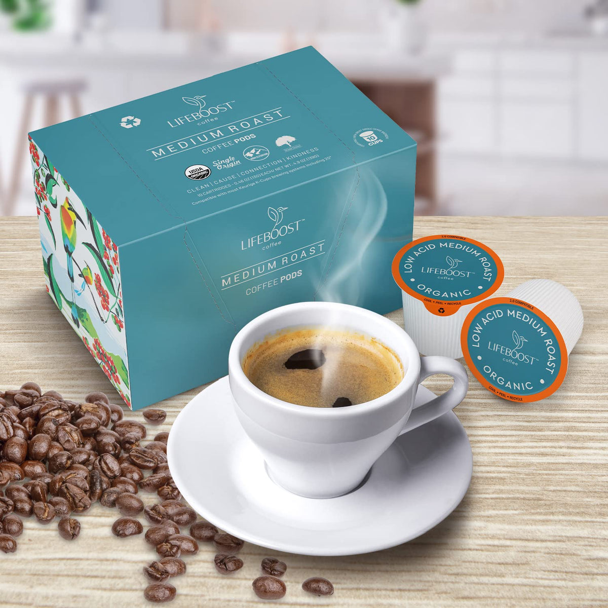 Lifeboost Medium Roast Low Acid Coffee K Cups - Single Origin Mold Free Non-GMO Organic Coffee Pods - Compatible with Keurig &amp; Keurig 2 Machines - 10 Count
