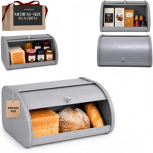 FINESSY Modern Metal Bread Box for Kitchen Countertop, Farmhouse Homemade Loaf Bread Storage Bin Holder for Kitchen Counters Organizer, Airtight Roll Top Sourdough Corner Breadbox Container Keeper