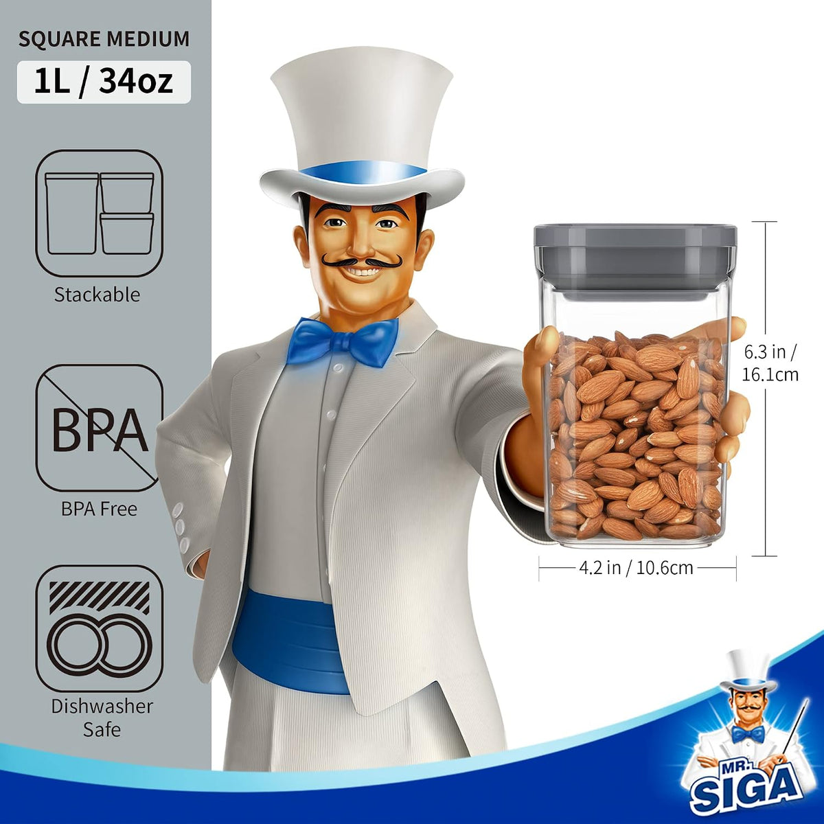 MR.SIGA 4 Pack Airtight Food Storage Container Set for Pantry Organization