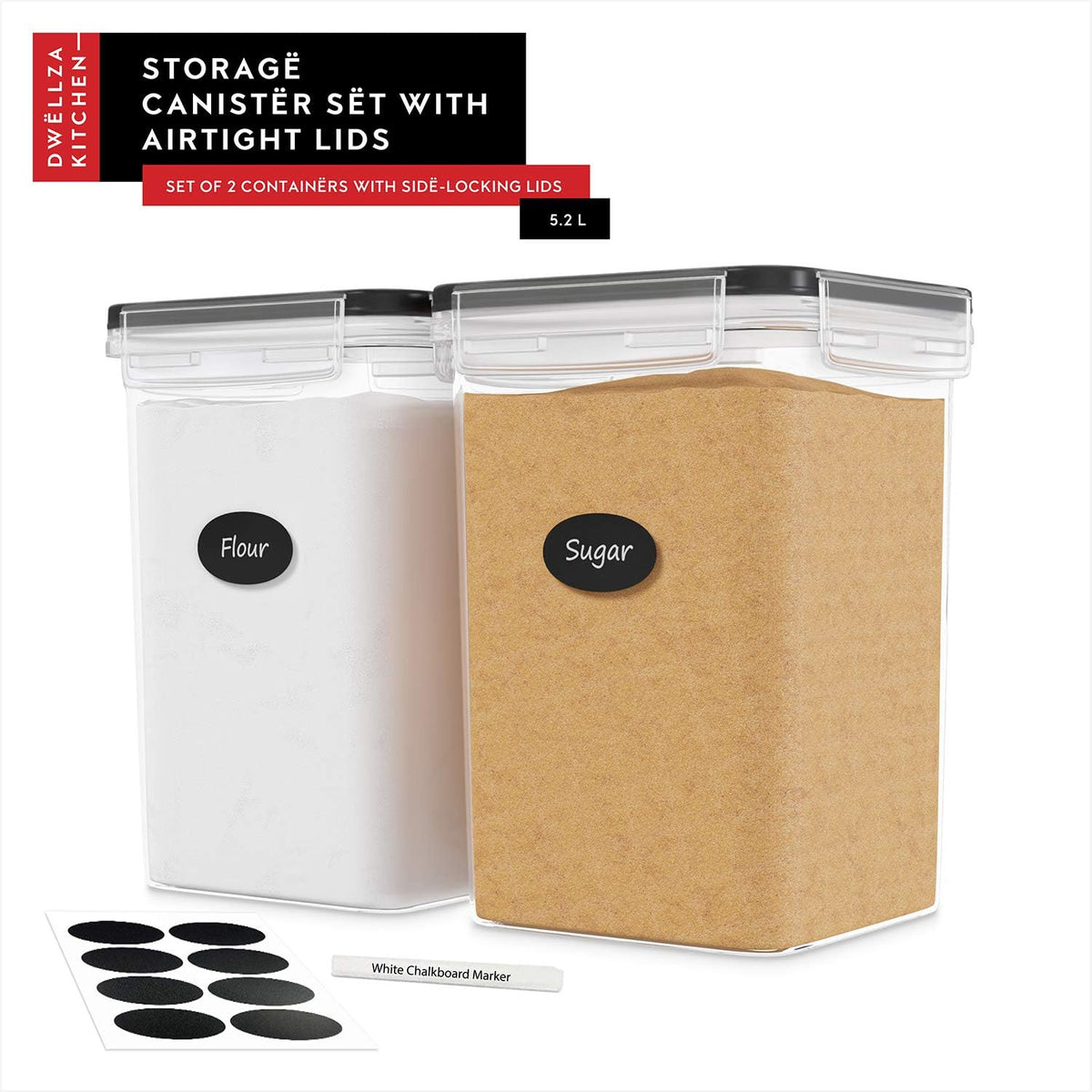 DWËLLZA KITCHEN Large Flour Sugar Storage Containers Set of 2; 175 FL. oz - 5.2L Plastic Airtight Food Storage Containers with Lids for Kitchen Pantry Organization - Food Containers, Labels & Marker