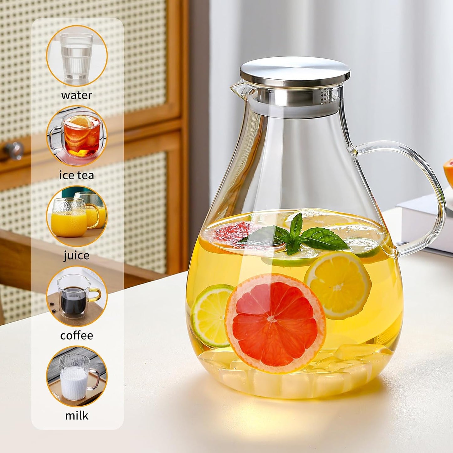UNBREAKABLE - 1 Gallon Glass Pitcher – 3800ml Heat-Resistant Borosilicate Water Jug with Stainless Steel Lid, Easy to Clean, Handmade Carafe for Hot &amp; Cold Drinks – Modern Style for Home or Office