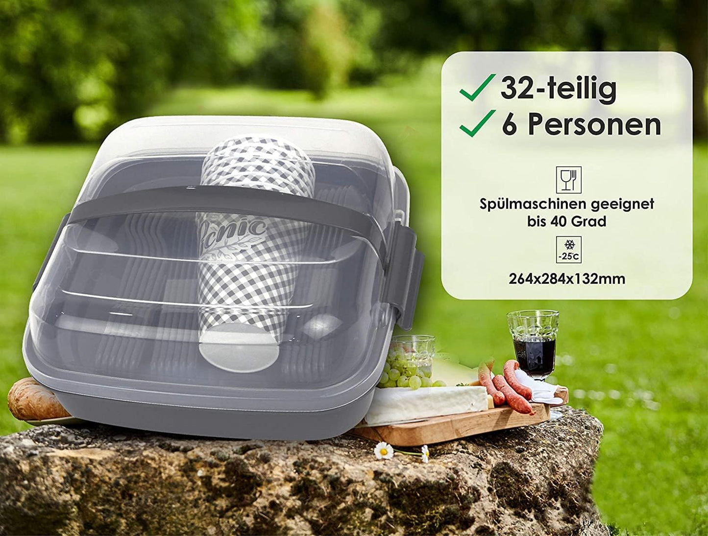 Tribello Camping Picnic Dishes Set with Case, 32 Plastic Reusable Cutlery - BPA Free, Microwave / Dishwasher Safe