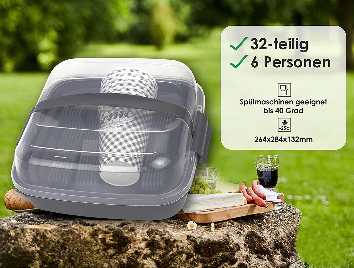 Tribello Camping Picnic Dishes Set with Case, 32 Plastic Reusable Cutlery - BPA Free, Microwave / Dishwasher Safe