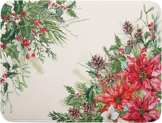 Giwawa Poinsettia Dish Drying Mat for Countertop 18"x24" Christmas Red Floral Winter Holly Berries Dish Drainer Mats