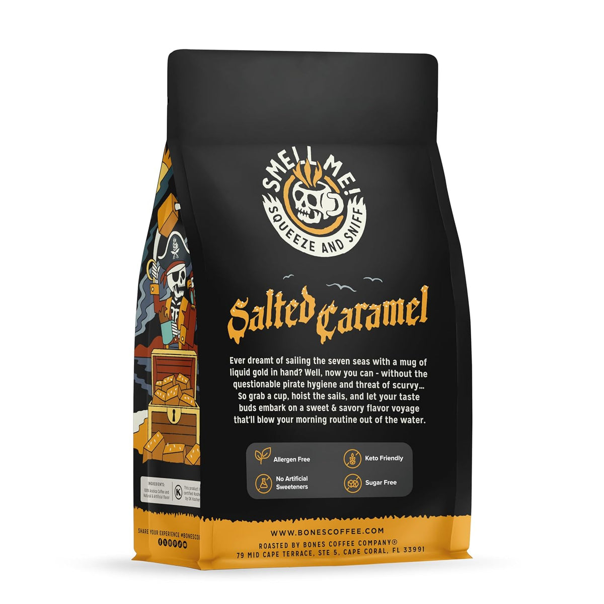 Bones Coffee Company Salted Caramel Flavored Coffee, Medium Roast Low Acid Arabica Beans Compatible with Auto drip and French Press Coffee Maker, 12 Oz Whole Bean