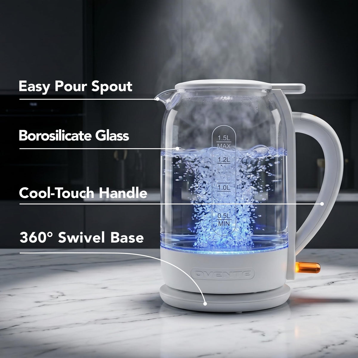 OVENTE 1.5L Glass Electric Kettle Water Boiler, White KG516W