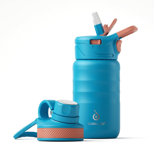 IDEUS Insulated Water Bottle 12oz, Stainless Steel Insulated Water Bottle For School, Insulated Bottles With Straws Leakproof, Vacuum Double Wall Water Bottles For Boys And Girls With 2 Lids, BPA Free