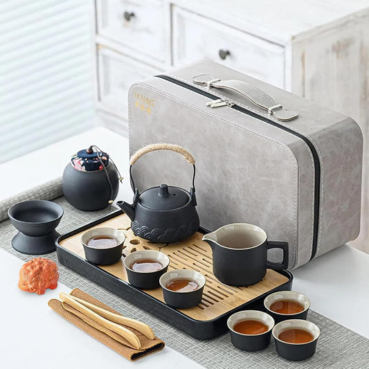 ICHAG Japanese & Chinese Tea Set, Adults' Portable Gongfu Tea Set with Teapet with Porcelain Teapot, 8oz Teapot,14-Piece 茶具